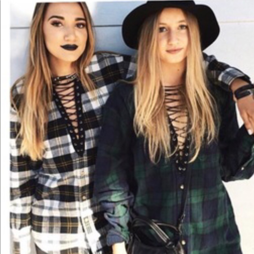 LF furst of a kind lace up flannel sweater